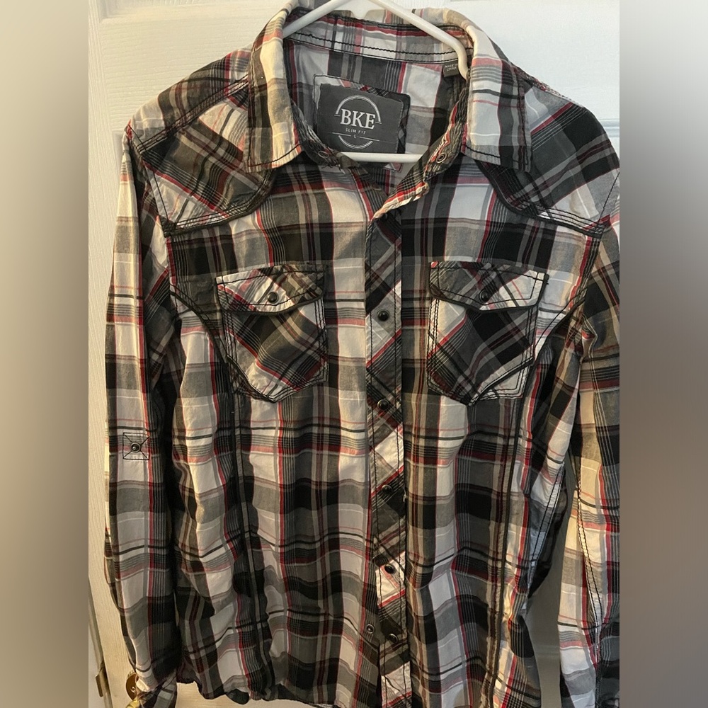 BKE Button Up Long Sleeve Plaid Slim Fit Large Shirt